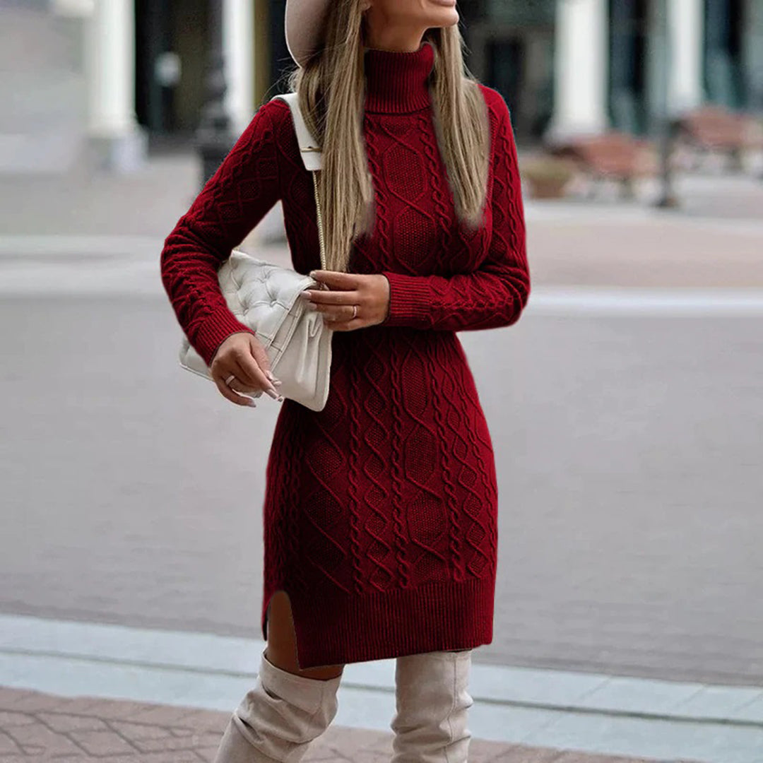 Midi-Kleid für Damen im Zopfmuster mit Rollkragen und schickem Schlitz - 1 - Jasminaboutique.com