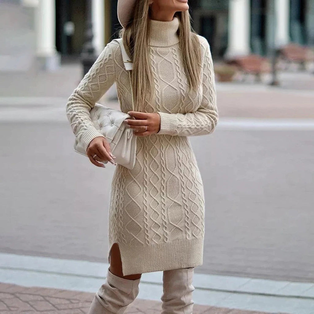 Midi-Kleid für Damen im Zopfmuster mit Rollkragen und schickem Schlitz - 3 - Jasminaboutique.com