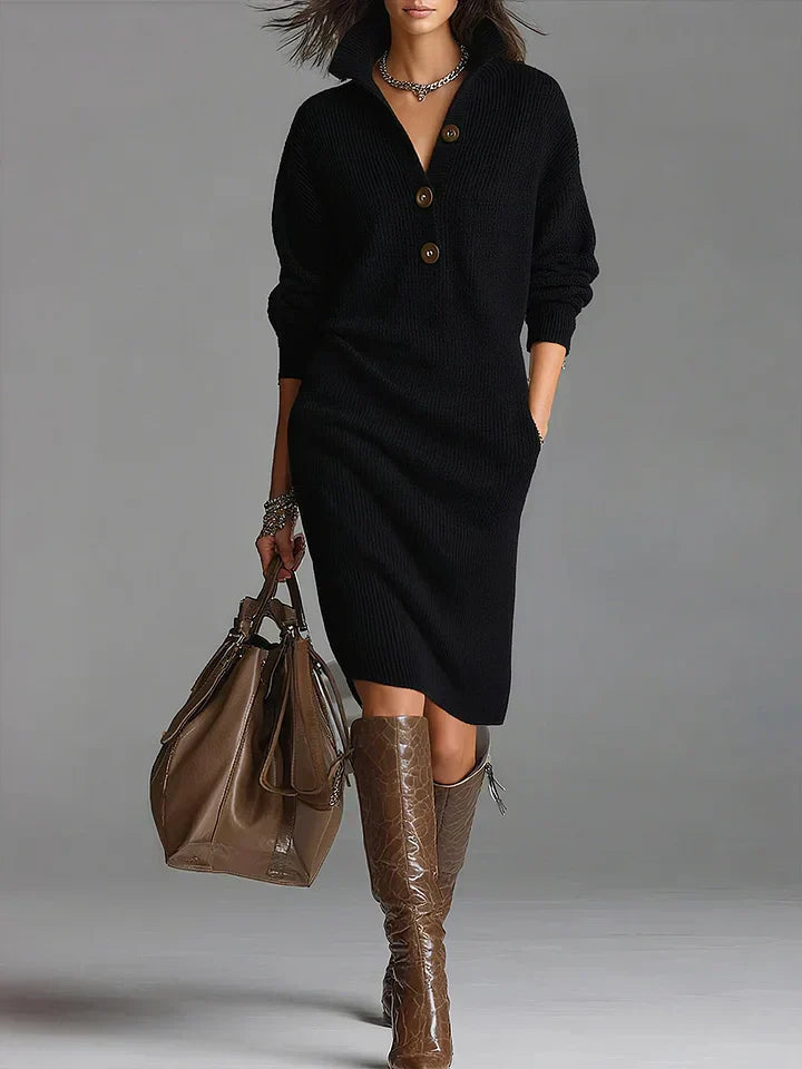 Pulloverkleid für Damen, lockere Passform mit Knopfkragen - 3 - Jasminaboutique.com