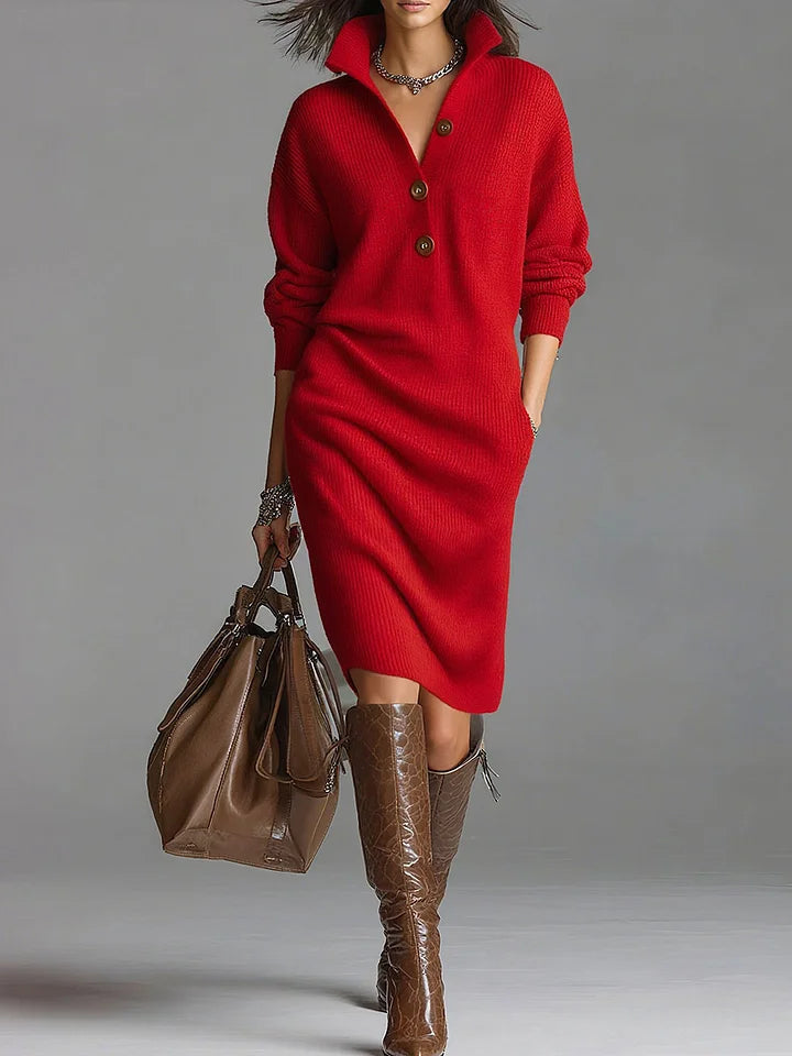 Pulloverkleid für Damen, lockere Passform mit Knopfkragen - 4 - Jasminaboutique.com