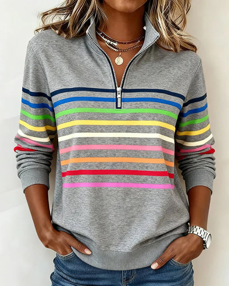 Damen-Hoodie: Gestreiftes Sweatshirt mit halbem Reißverschluss und Stehkragen - 1 - Jasminaboutique.com