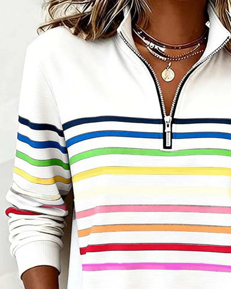 Damen-Hoodie: Gestreiftes Sweatshirt mit halbem Reißverschluss und Stehkragen - 8 - Jasminaboutique.com