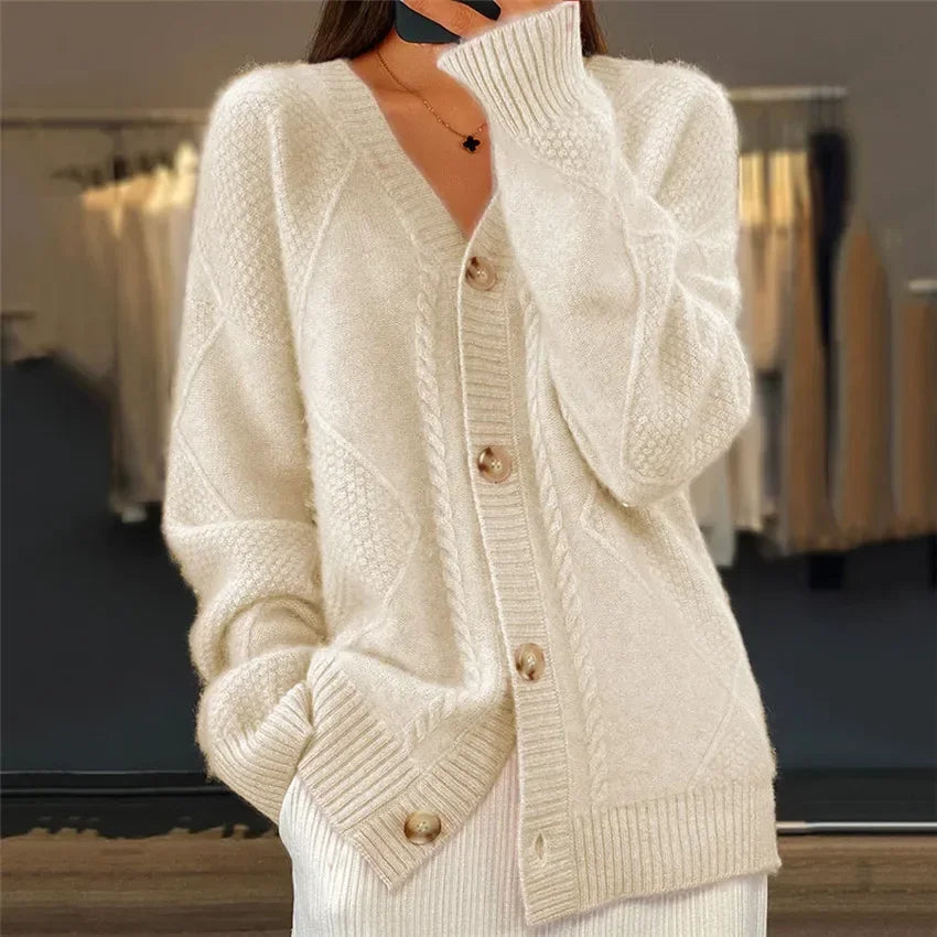 Damen-Strickjacke – Gemütliches Strickdesign mit Knopfleiste und langen Ärmeln - 7 - Jasminaboutique.com
