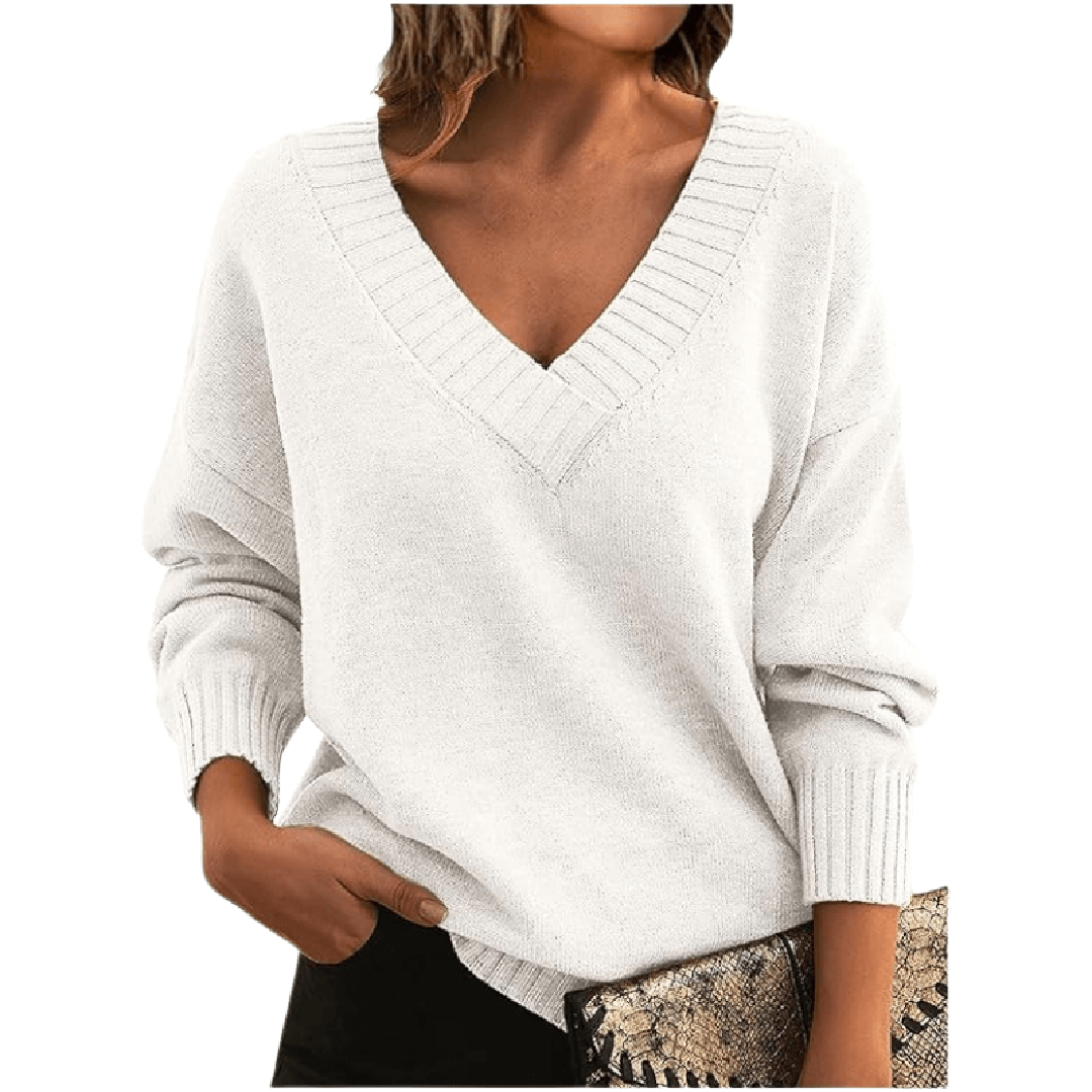 Damen-Strickpullover mit V-Ausschnitt und lockerer Passform - 2 - Jasminaboutique.com