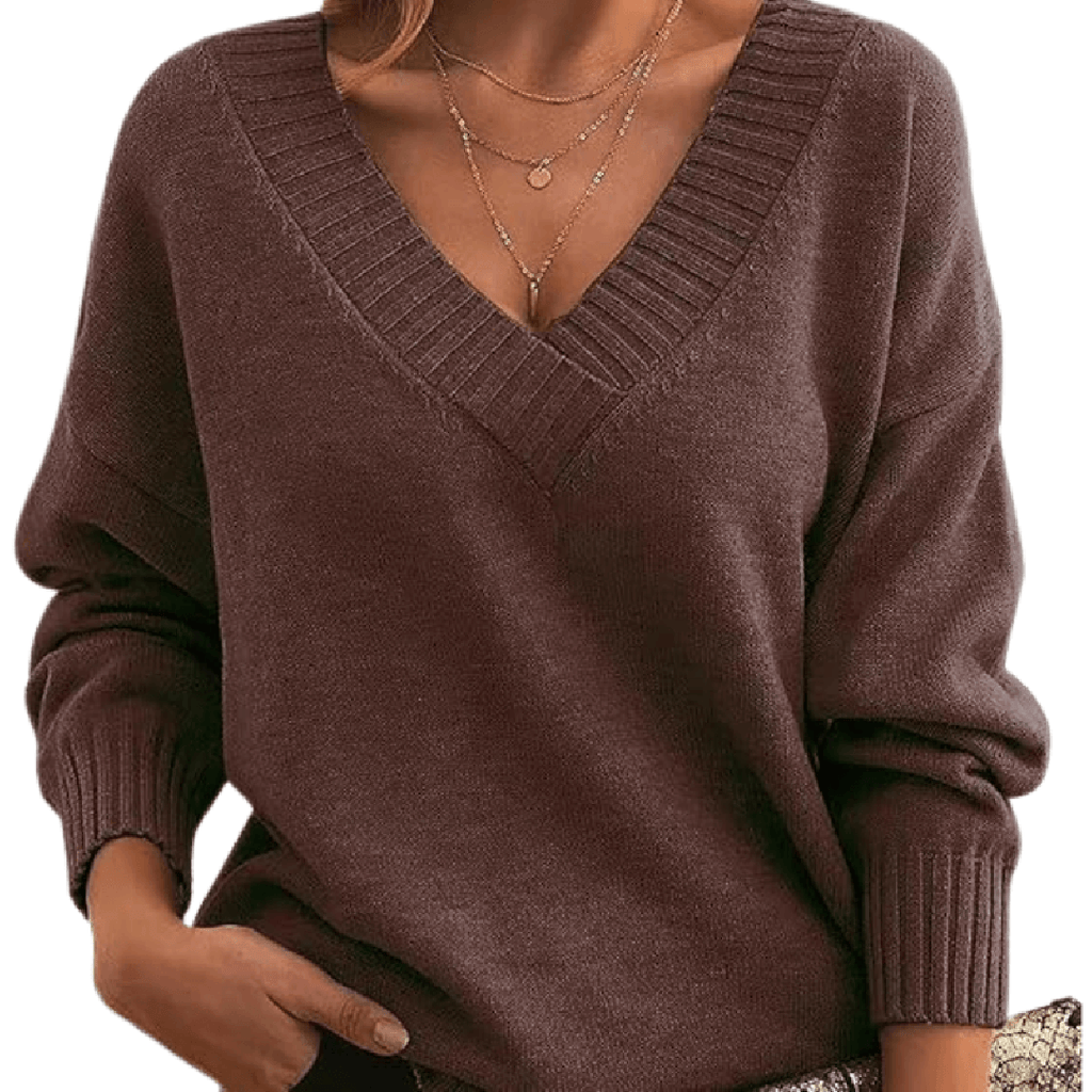 Damen-Strickpullover mit V-Ausschnitt und lockerer Passform - 4 - Jasminaboutique.com