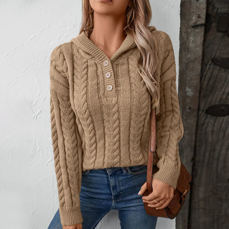 Strick-Hoodie für Damen mit geknöpftem Ausschnitt und lockerer Passform - 1 - Jasminaboutique.com