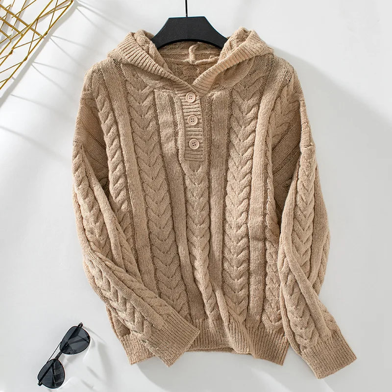 Strick-Hoodie für Damen mit geknöpftem Ausschnitt und lockerer Passform - 3 - Jasminaboutique.com