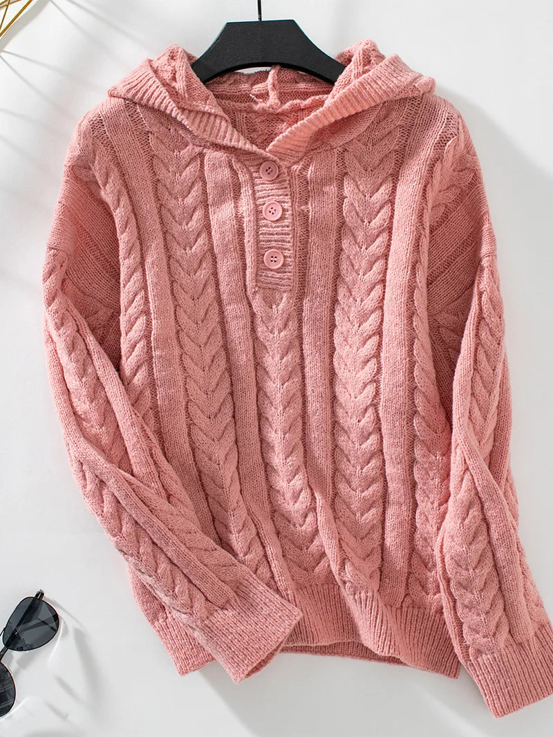 Strick-Hoodie für Damen mit geknöpftem Ausschnitt und lockerer Passform - 4 - Jasminaboutique.com