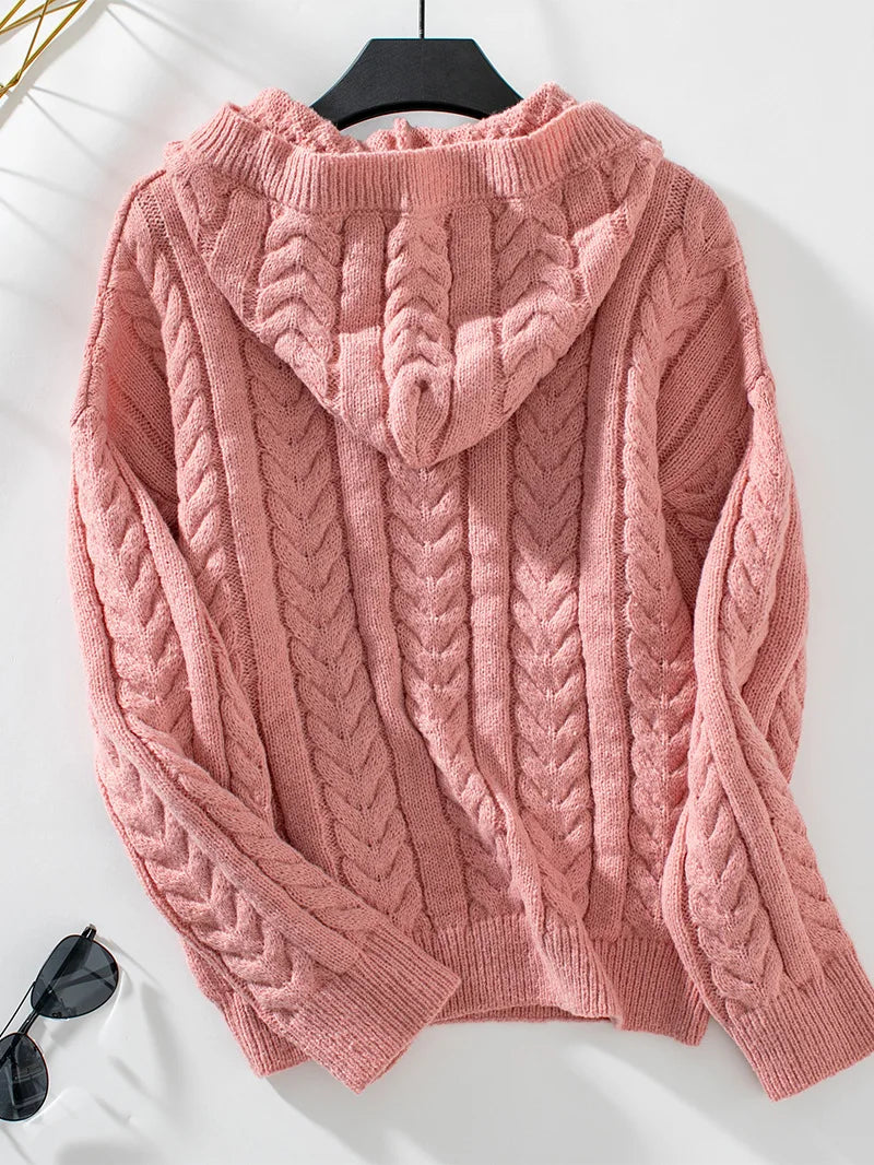 Strick-Hoodie für Damen mit geknöpftem Ausschnitt und lockerer Passform - 5 - Jasminaboutique.com