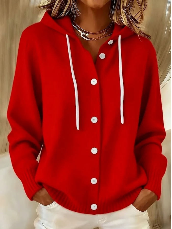 Kapuzen-Strickjacke für Damen, lockere Passform, mit Knopfleiste - 5 - Jasminaboutique.com