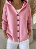Damen-Strickjacke mit Kapuze, weicher A-Linien-Schnitt und Knopfleiste vorne - 1 - Jasminaboutique.com