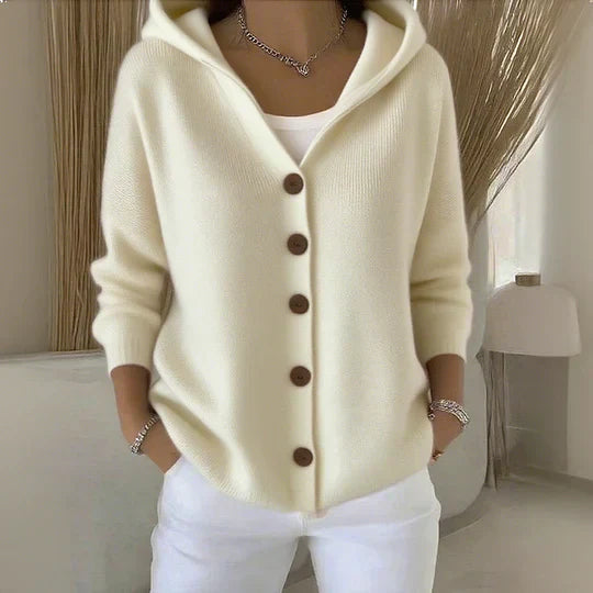 Damen-Strickjacke mit Kapuze, weicher A-Linien-Schnitt und Knopfleiste vorne - 2 - Jasminaboutique.com
