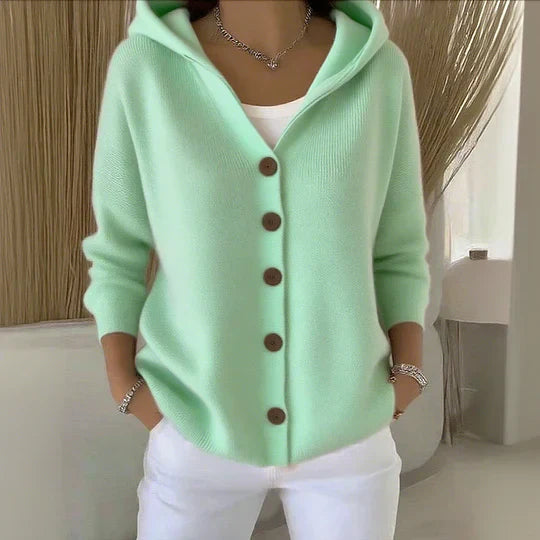 Damen-Strickjacke mit Kapuze, weicher A-Linien-Schnitt und Knopfleiste vorne - 3 - Jasminaboutique.com