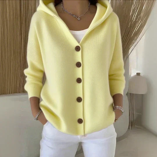 Damen-Strickjacke mit Kapuze, weicher A-Linien-Schnitt und Knopfleiste vorne - 4 - Jasminaboutique.com