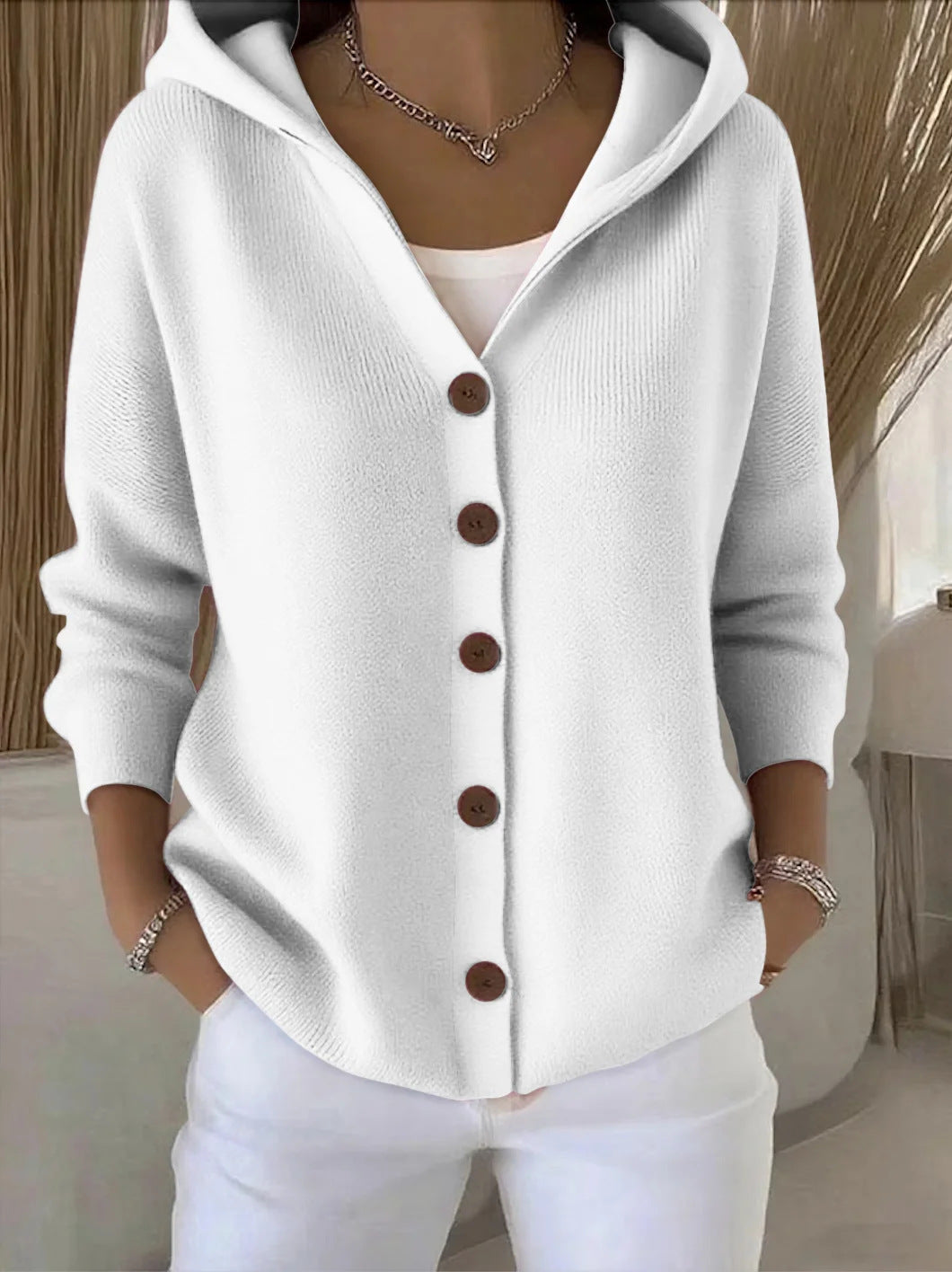 Damen-Strickjacke mit Kapuze, weicher A-Linien-Schnitt und Knopfleiste vorne - 5 - Jasminaboutique.com