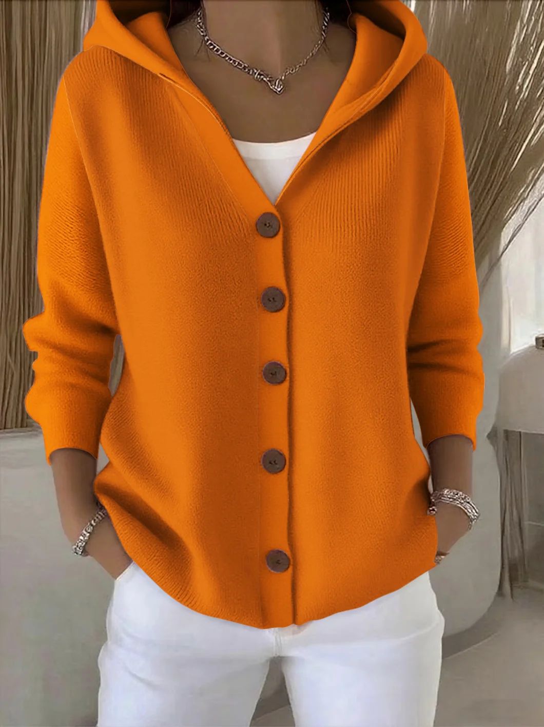 Damen-Strickjacke mit Kapuze, weicher A-Linien-Schnitt und Knopfleiste vorne - 6 - Jasminaboutique.com