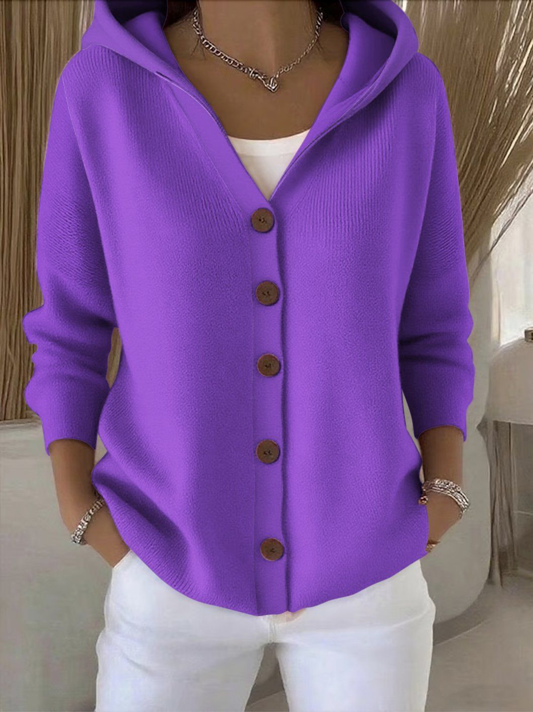 Damen-Strickjacke mit Kapuze, weicher A-Linien-Schnitt und Knopfleiste vorne - 7 - Jasminaboutique.com