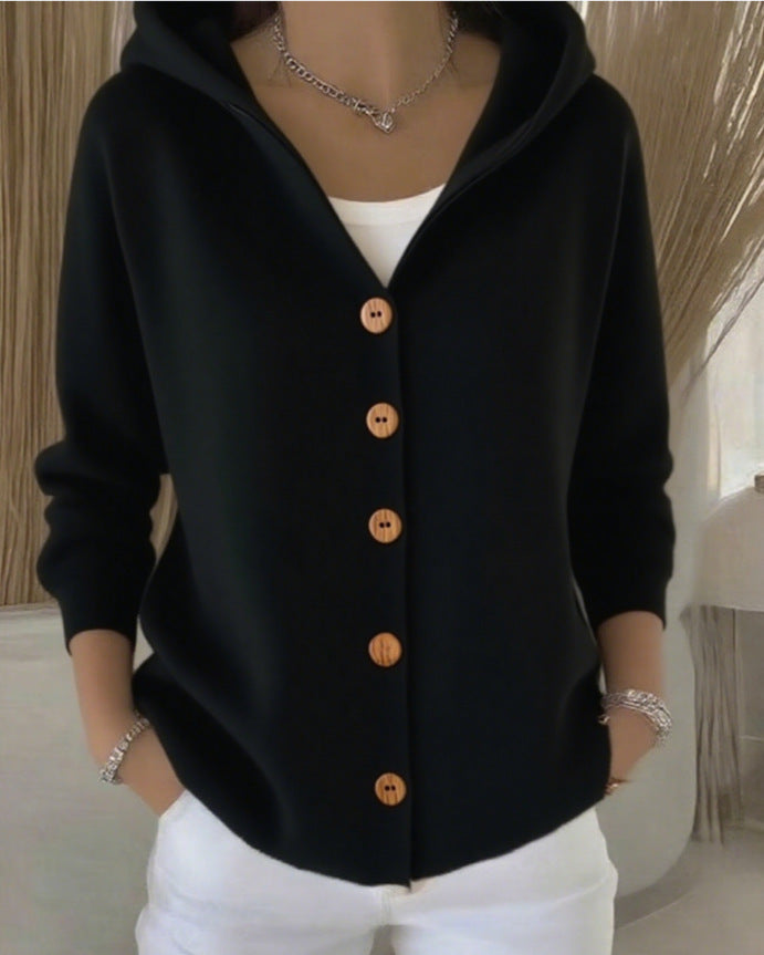 Damen-Strickjacke mit Kapuze, weicher A-Linien-Schnitt und Knopfleiste vorne - 8 - Jasminaboutique.com