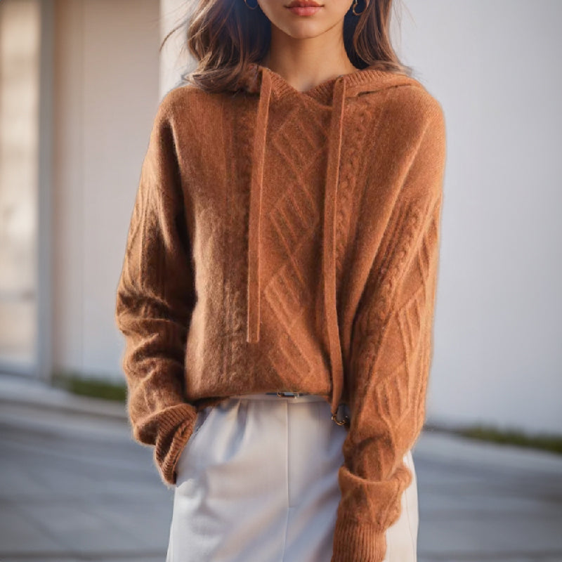 Damenpullover mit Kapuze und Zopfmuster in lockerer Passform - 1 - Jasminaboutique.com