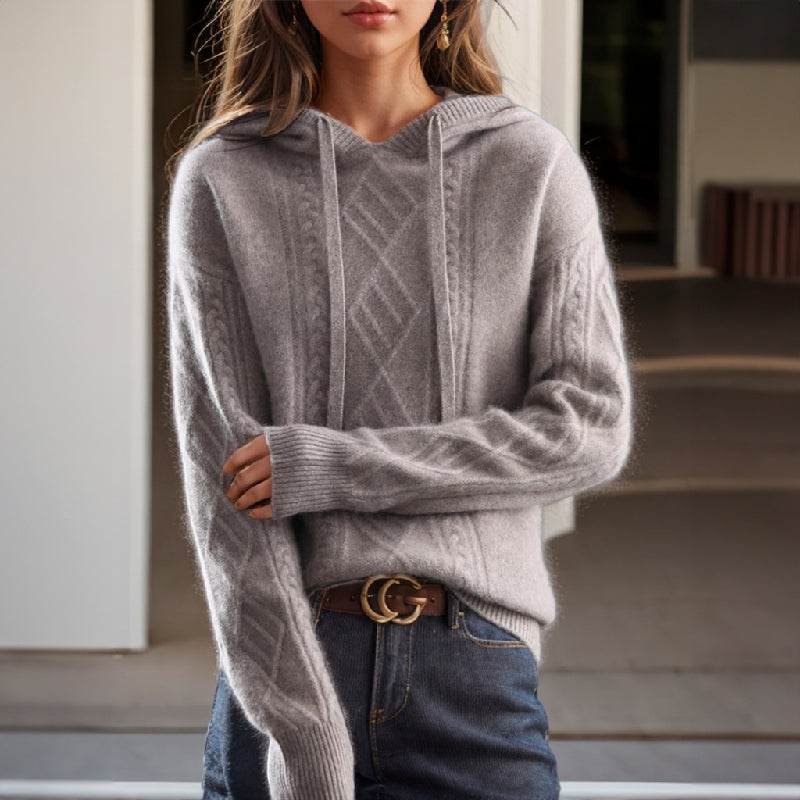 Damenpullover mit Kapuze und Zopfmuster in lockerer Passform - 2 - Jasminaboutique.com