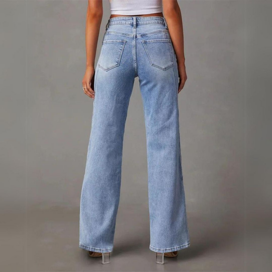 Damenjeans mit weitem Bein, hoher Taille und figurschmeichelnder Passform - 4 - Jasminaboutique.com