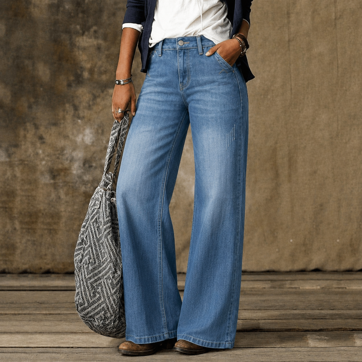Jeans mit weitem Bein – Damenjeans mit hoher Taille und ausgestelltem Schnitt in lockerer Passform - 1 - Jasminaboutique.com