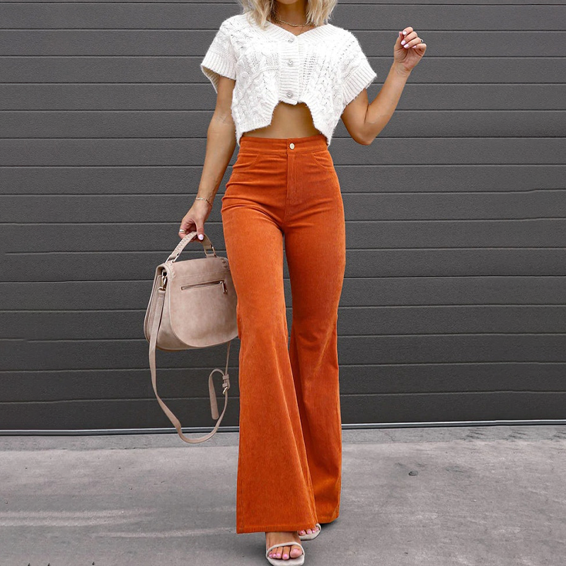 Ausgestellte Hose mit hoher Taille für Damen mit glatter Oberfläche - 1 - Jasminaboutique.com