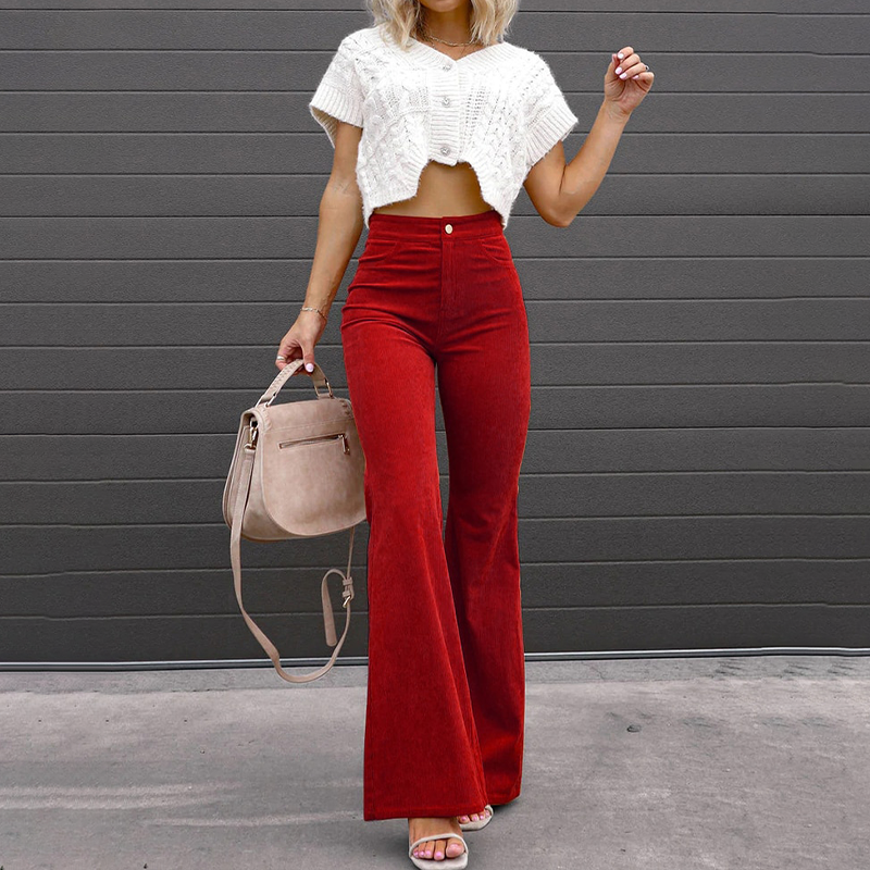 Ausgestellte Hose mit hoher Taille für Damen mit glatter Oberfläche - 6 - Jasminaboutique.com
