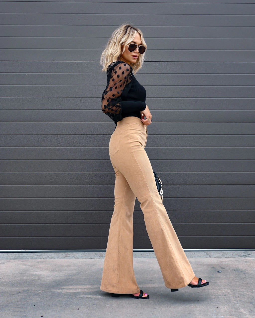 Ausgestellte Hose mit hoher Taille für Damen mit glatter Oberfläche - 7 - Jasminaboutique.com