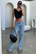 Damenjeans mit weitem Bein, hellblaue Waschung und lockerer Passform - 6 - Jasminaboutique.com