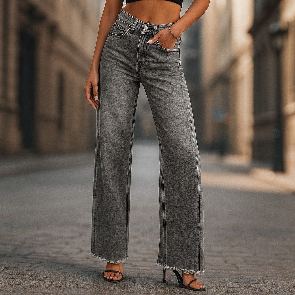 Damenhose mit weitem Bein, hoher Taillenlinie und ausgefranstem Saum - 3 - Jasminaboutique.com