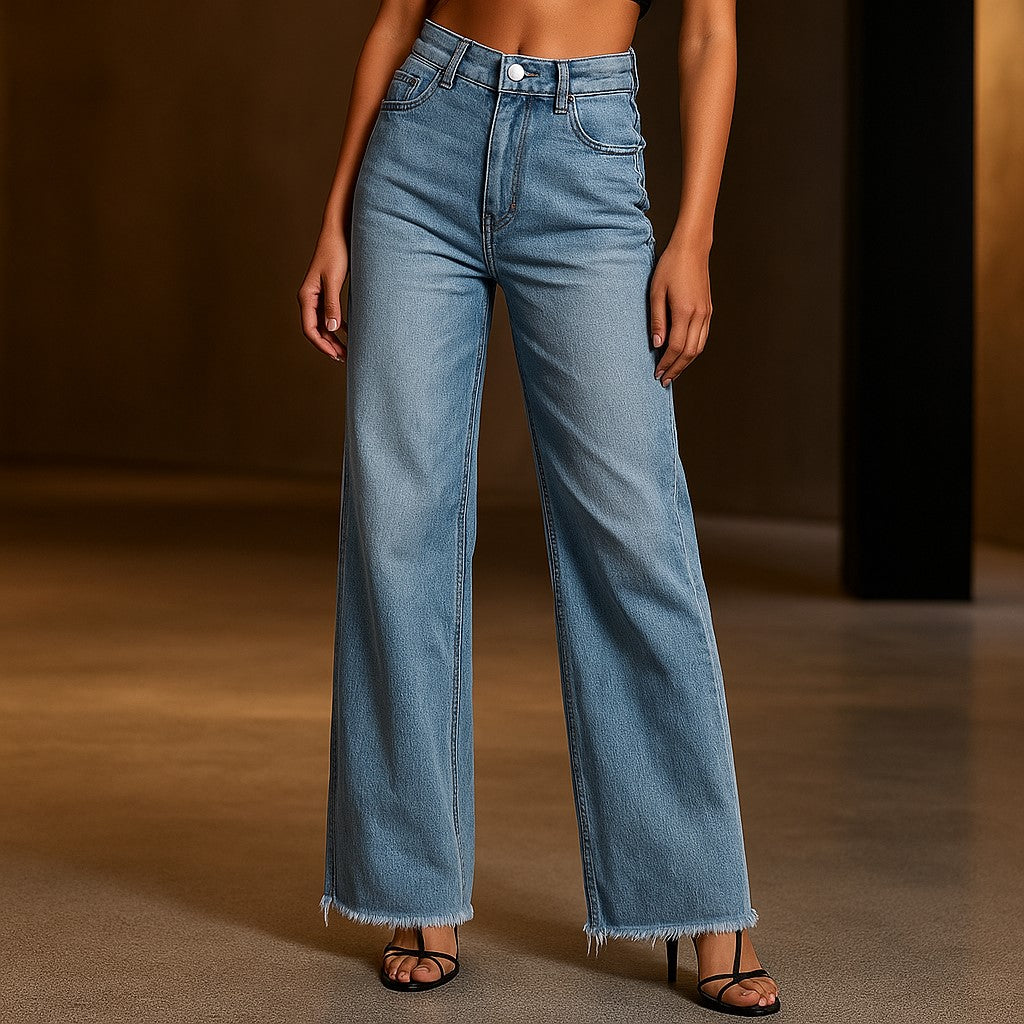 Damenhose mit weitem Bein, hoher Taillenlinie und ausgefranstem Saum - 4 - Jasminaboutique.com
