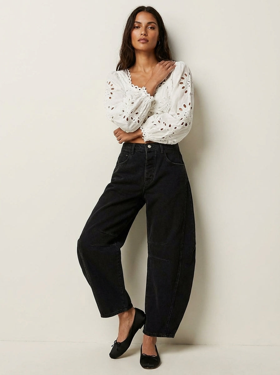 Damenhose mit weitem Bein, hoher Taillenlinie und lockerer Passform - 1 - Jasminaboutique.com