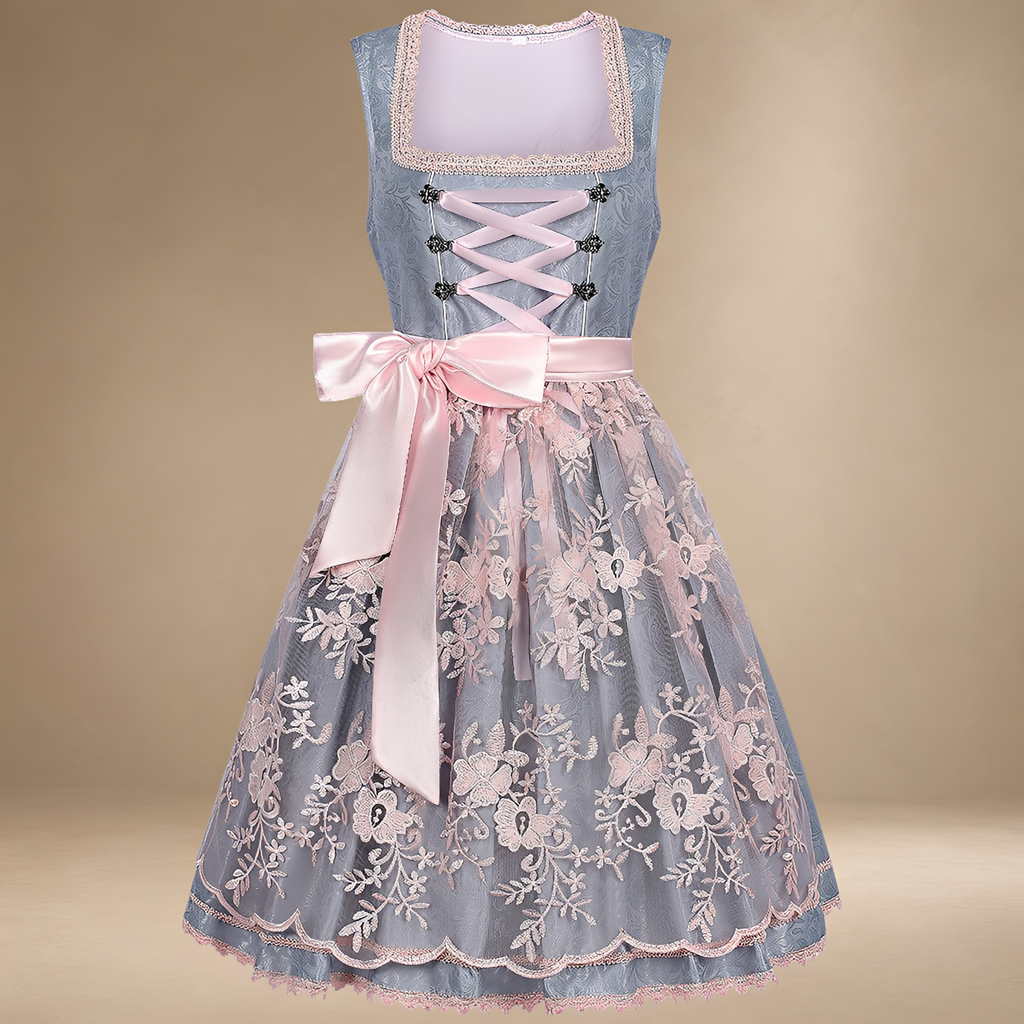 Dirndl für Damen, ärmellos, mit Blumenmuster und Spitzendetails sowie Schleife - 4 - Jasminaboutique.com
