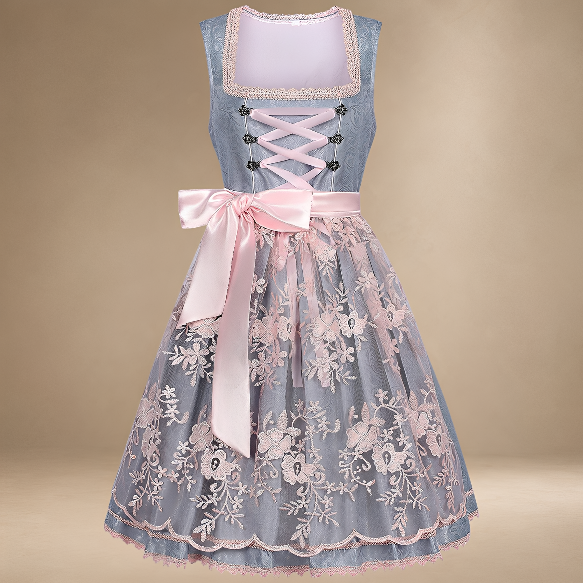Dirndl für Damen, ärmellos, mit Blumenmuster und Spitzendetails sowie Schleife - 4 - Jasminaboutique.com