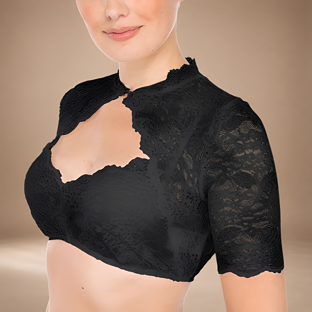 Spitzenbluse für Damen, kurz geschnitten, mit hohem Kragen - 5 - Jasminaboutique.com