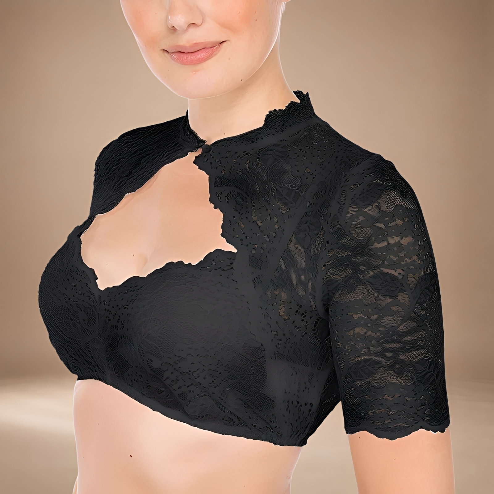 Spitzenbluse für Damen, kurz geschnitten, mit hohem Kragen - 5 - Jasminaboutique.com