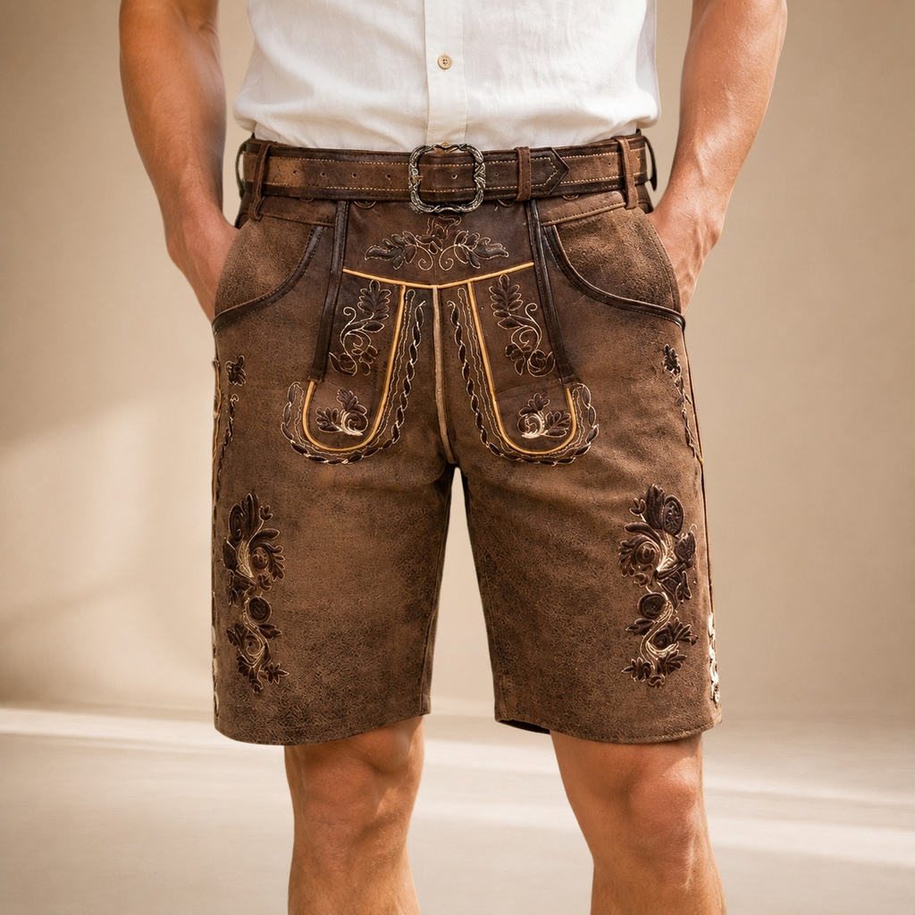 Traditionelle Lederhosen-Shorts für Herren mit Stickerei und Gürtel - 4 - Jasminaboutique.com