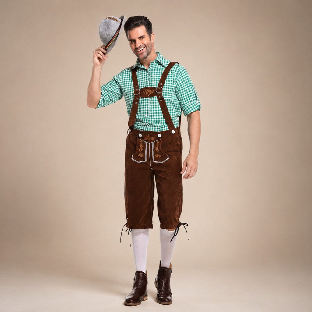 Lederhosen-Outfit für Herren mit kariertem Hemd und Hosenträgern für das Oktoberfest - 5 - Jasminaboutique.com