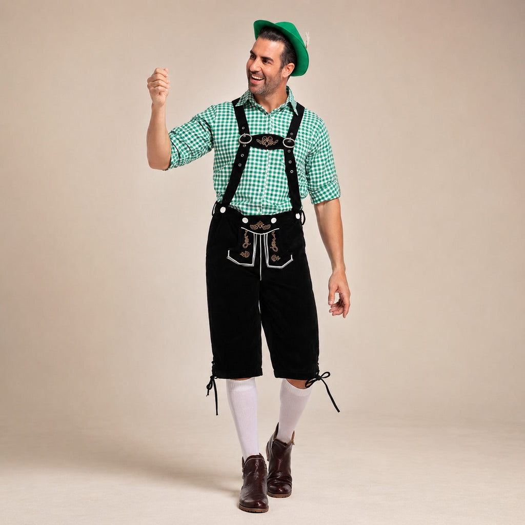 Lederhosen-Outfit für Herren mit kariertem Hemd und Hosenträgern für das Oktoberfest - 6 - Jasminaboutique.com