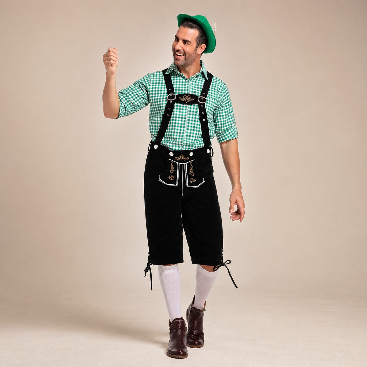 Lederhosen-Outfit für Herren mit kariertem Hemd und Hosenträgern für das Oktoberfest - 6 - Jasminaboutique.com