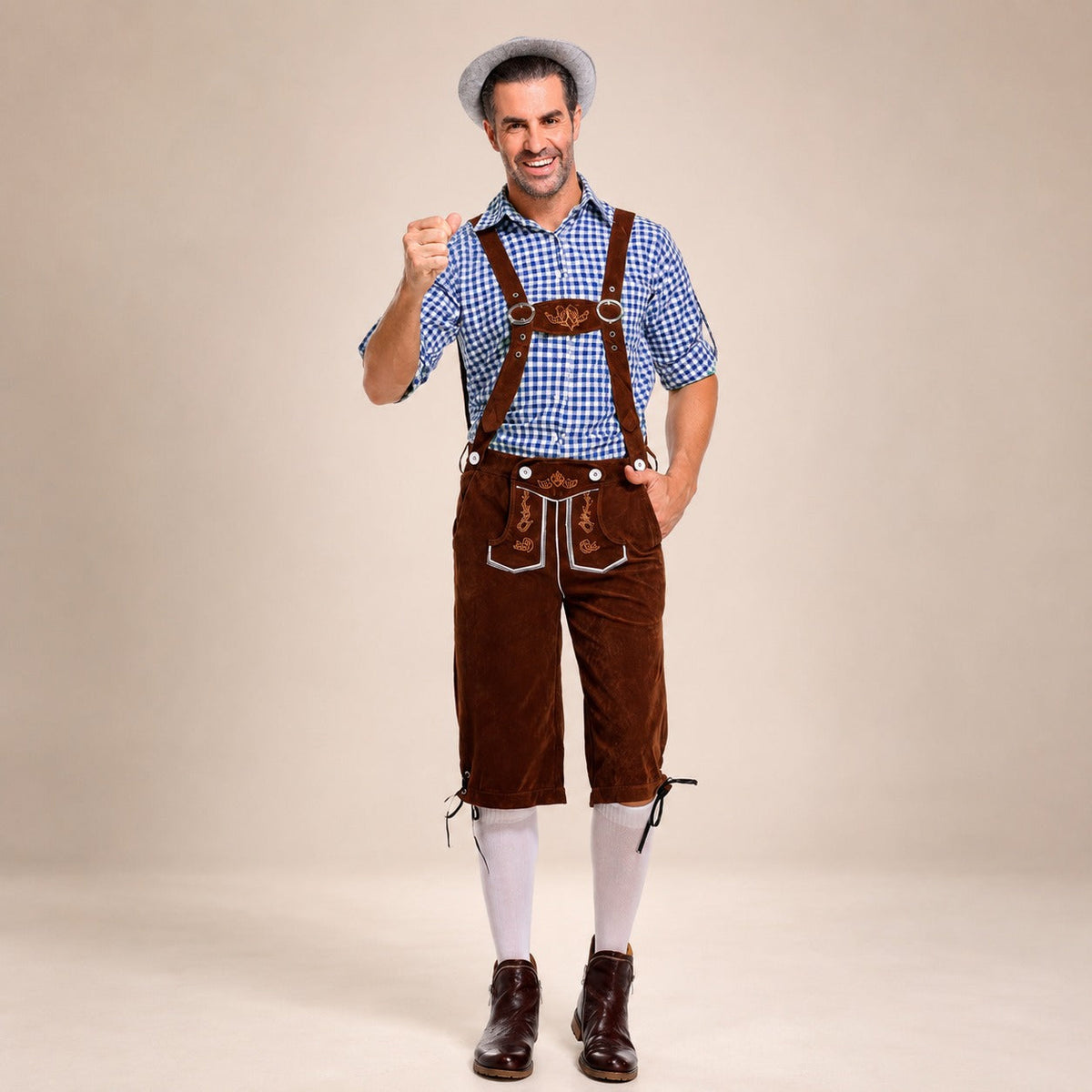 Lederhosen-Outfit für Herren mit kariertem Hemd und Hosenträgern für das Oktoberfest - 7 - Jasminaboutique.com
