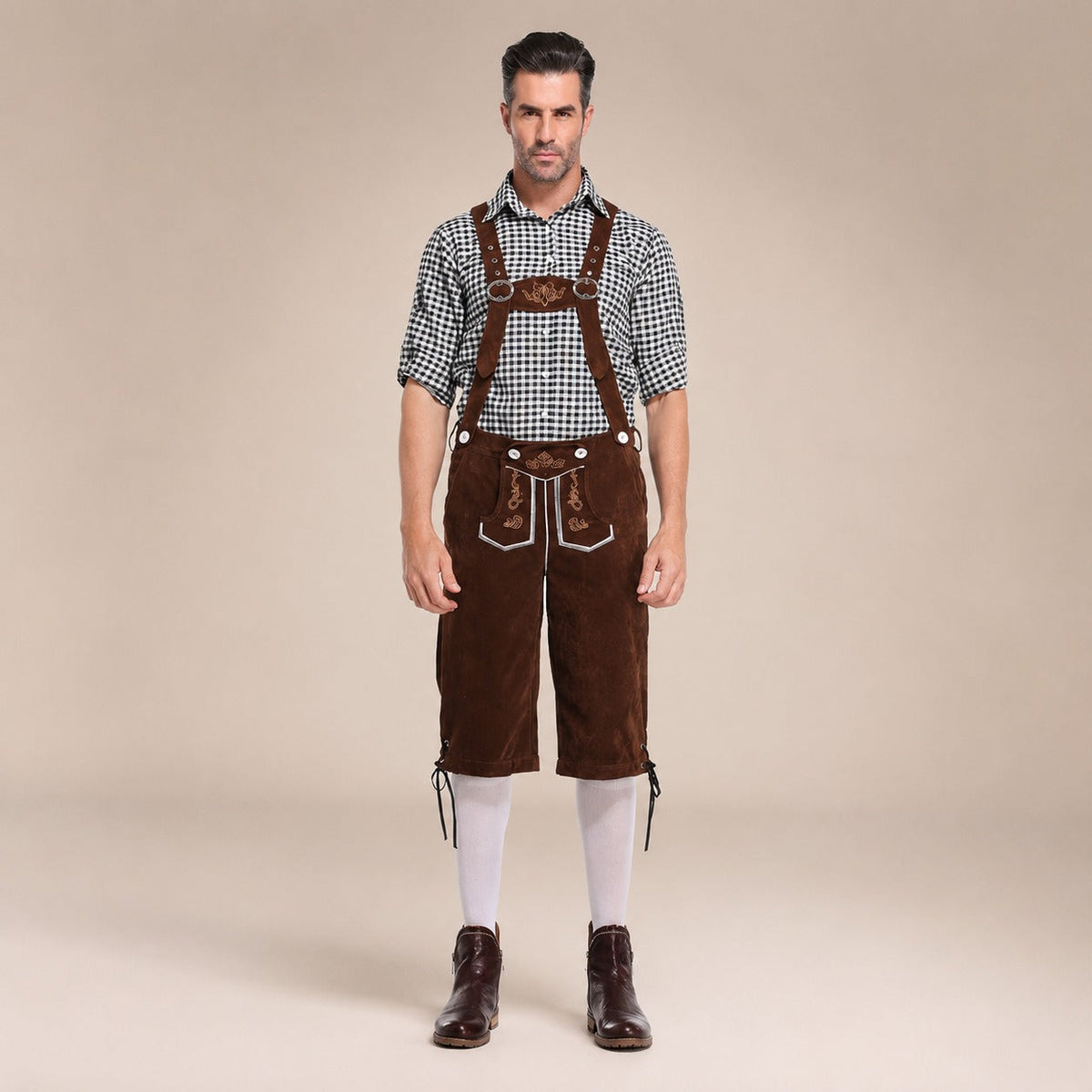 Lederhosen-Outfit für Herren mit kariertem Hemd und Hosenträgern für das Oktoberfest - 9 - Jasminaboutique.com