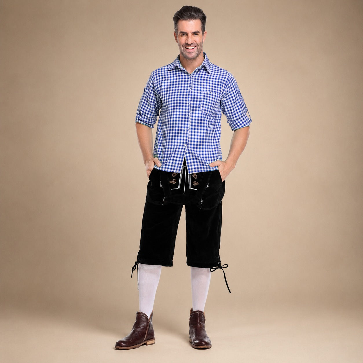 Lederhosen-Outfit für Herren mit kariertem Hemd und Hosenträgern für das Oktoberfest - 10 - Jasminaboutique.com
