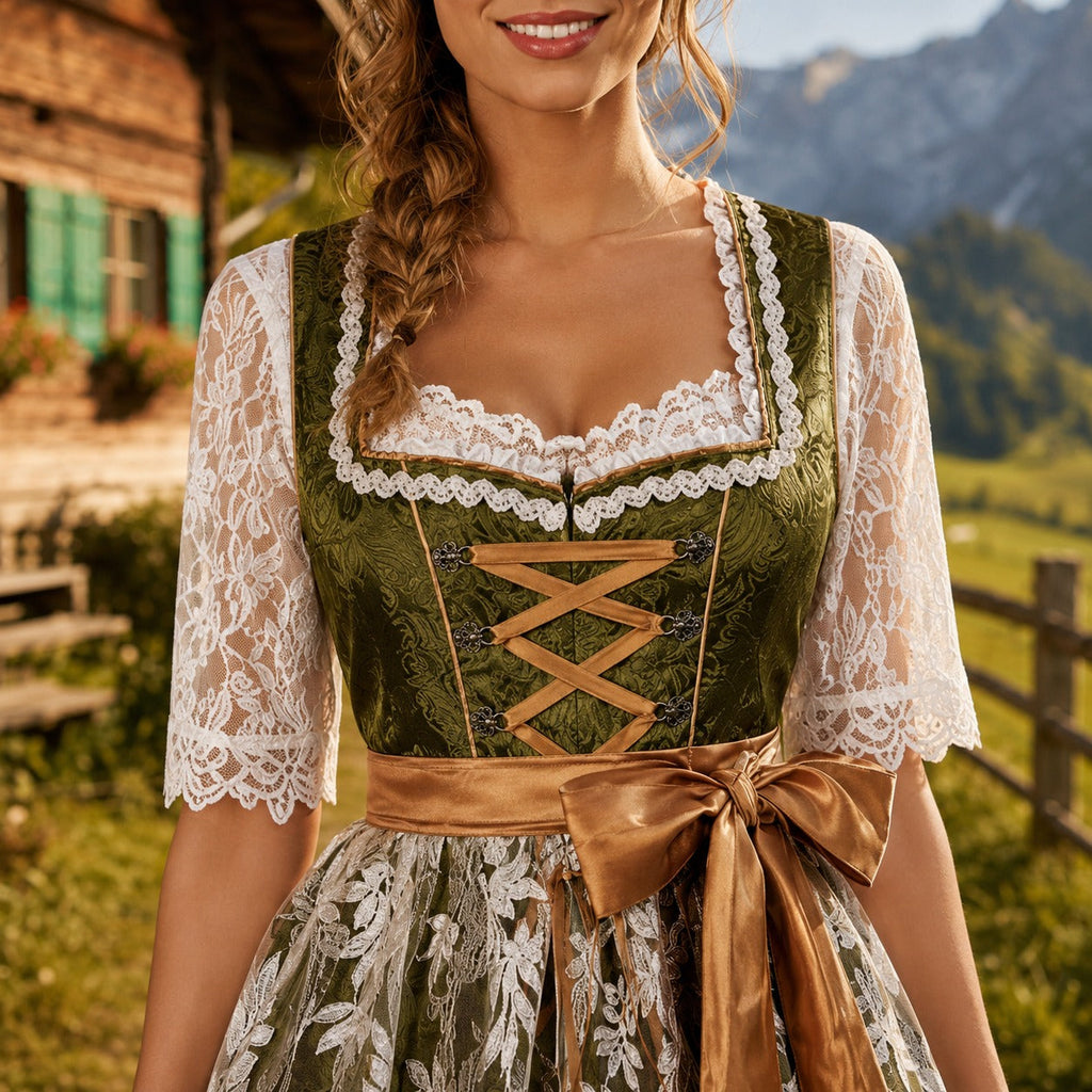 Oktoberfest-Kleid Damen – Figurbetont mit Spitzenärmeln und Schleife | J&B - 3 - Jasminaboutique.com