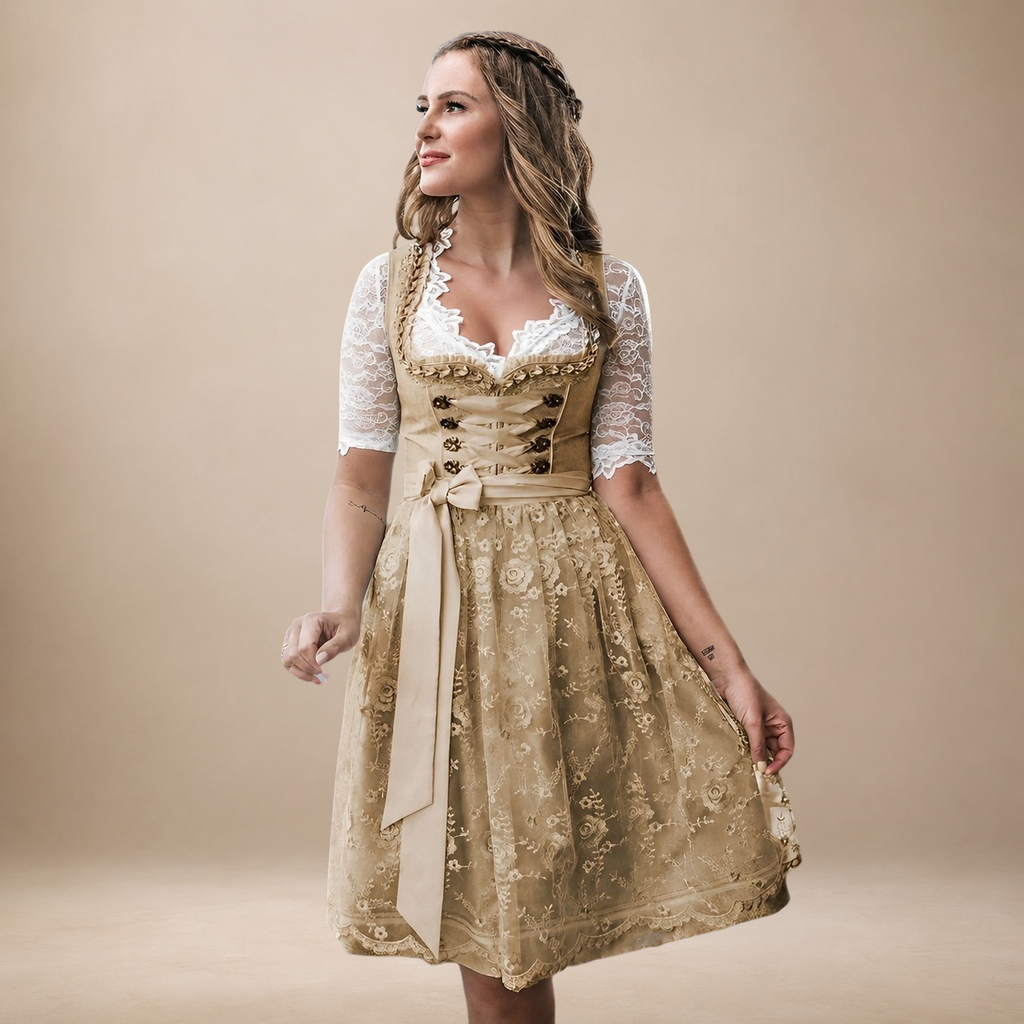 Dirndl Damen mit Spitzenärmeln und floralem Design | J&B - 4 - Jasminaboutique.com