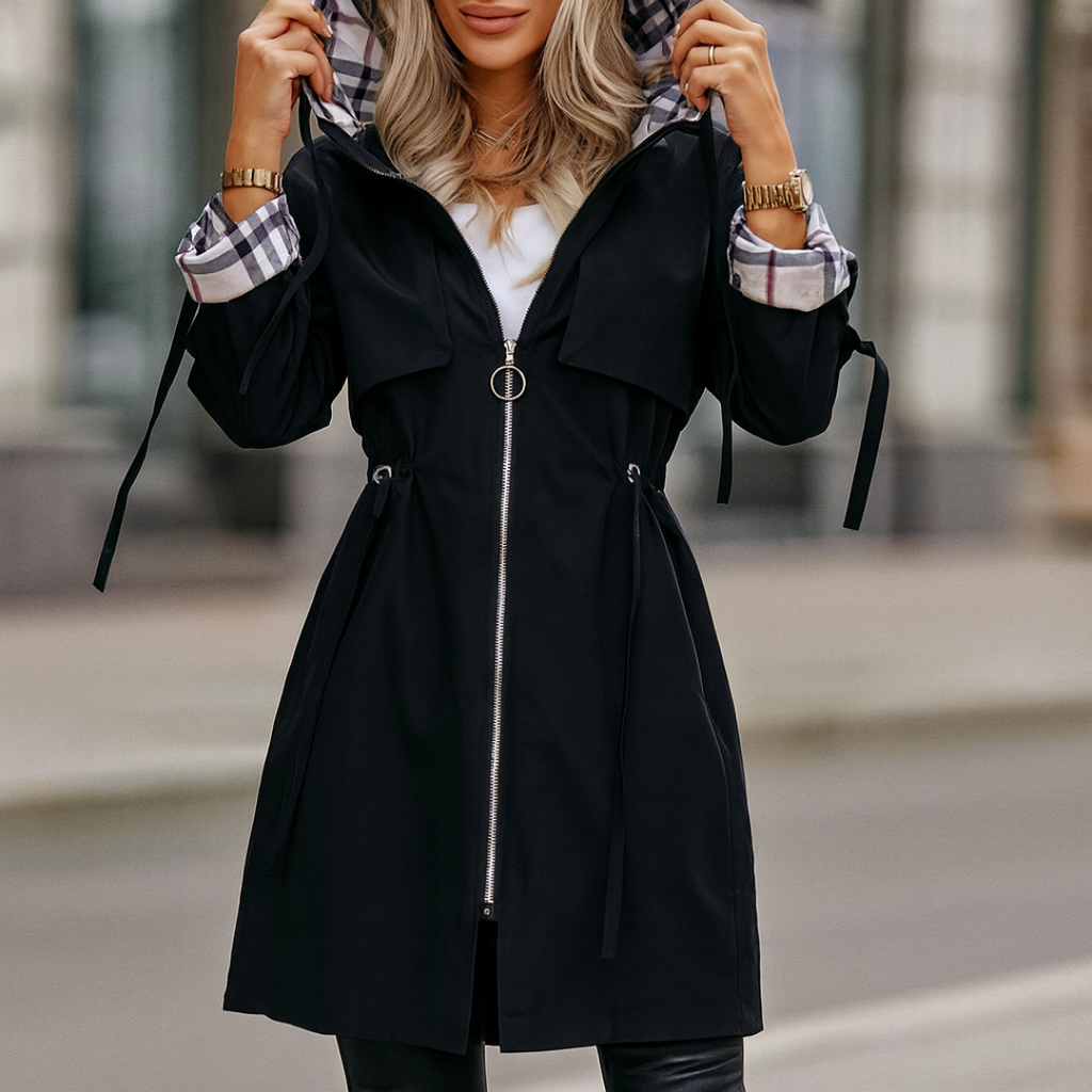 Damenjacke mit Kapuze und verstellbarem Taillenbund | J&B - 9 - Jasminaboutique.com