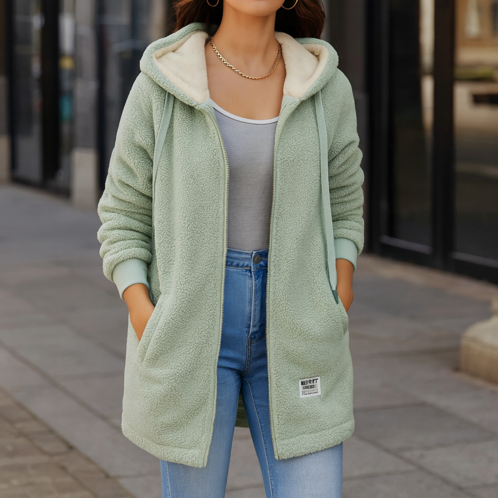 Fleecejacke Damen in Longline-Form mit Kapuze und Taschen | J&B - 7 - Jasminaboutique.com