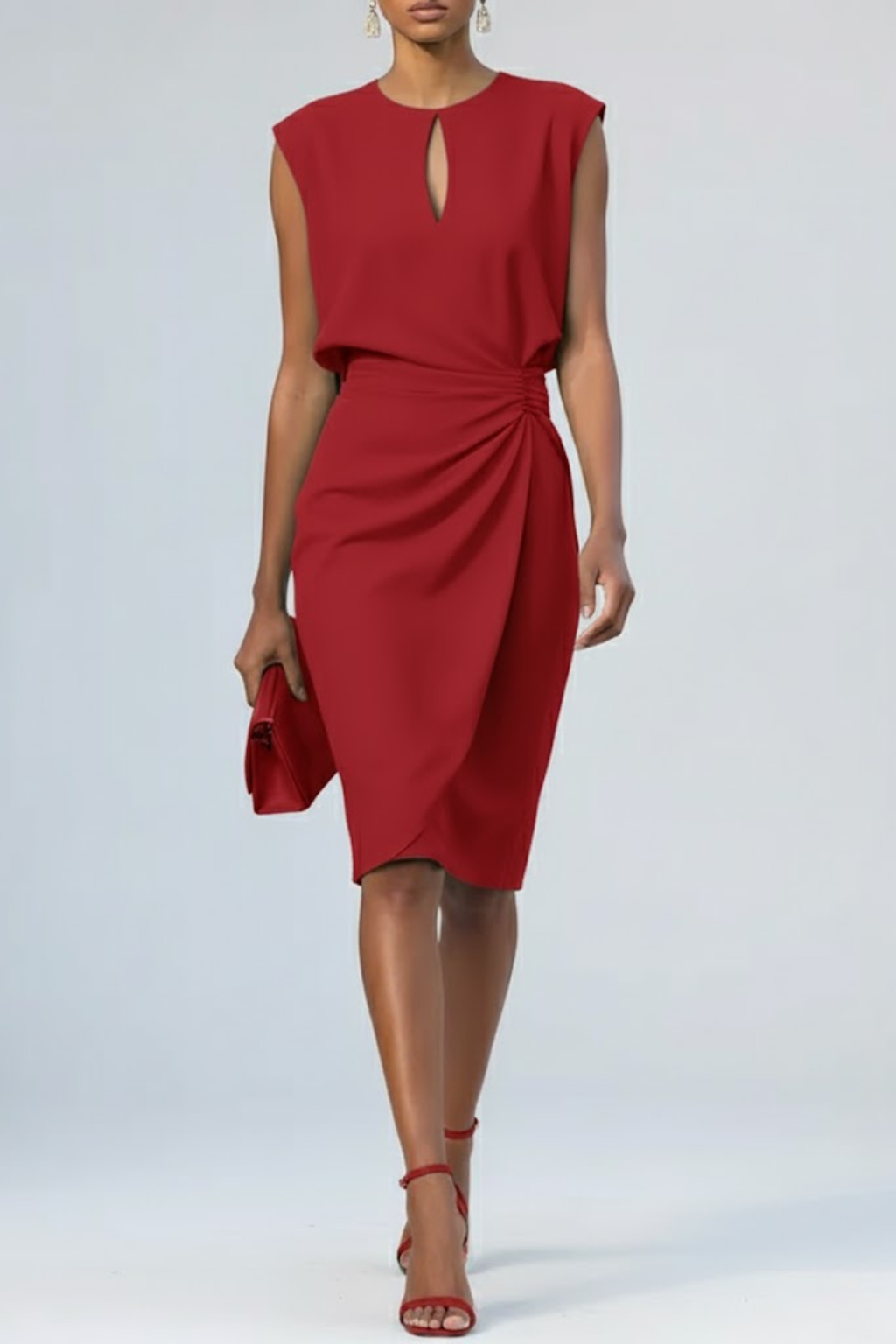Midi-Kleid Damen mit Schlüssellochausschnitt und Drapierung | J&B - 6 - Jasminaboutique.com