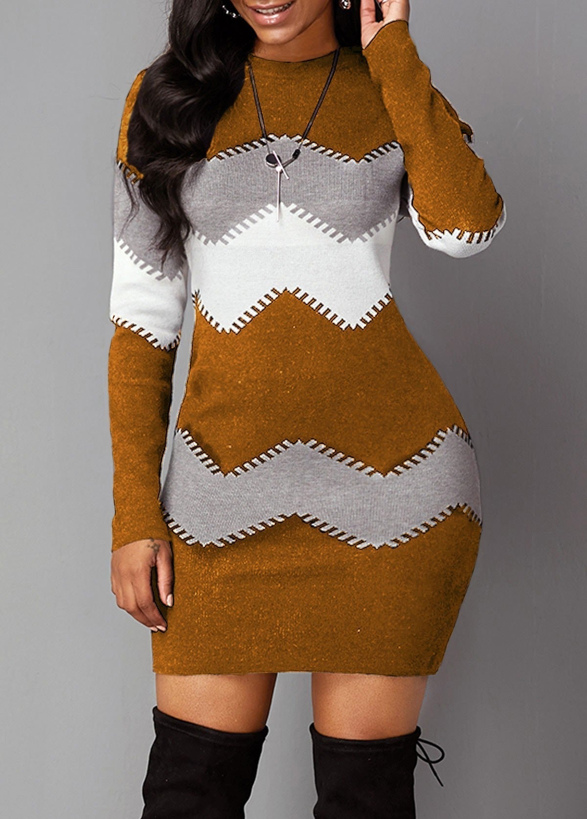 Women’s dress with a figure-hugging fit and chevron design | L&S - 9 - London-stylehouse.com